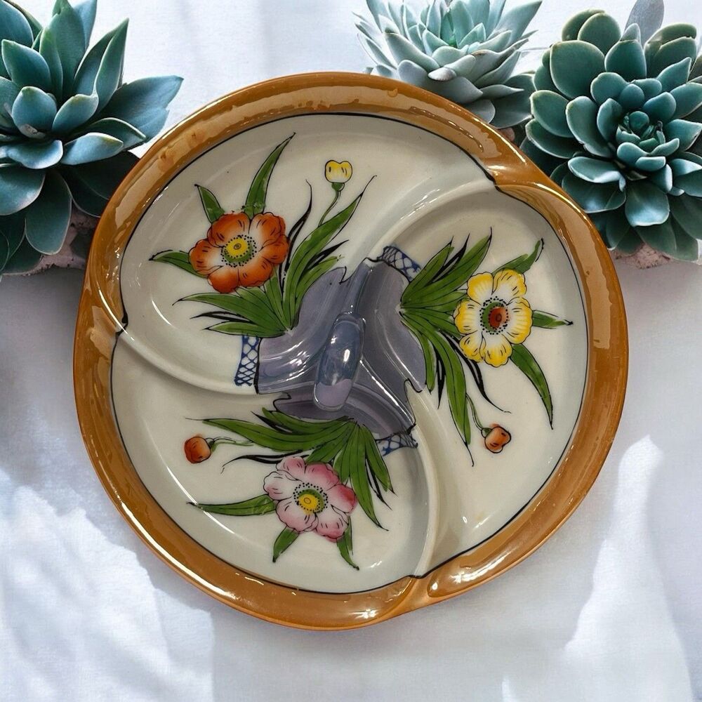Vintage Lusterware Divided Dish Hand Painted Flowers Center Handle made in Japan